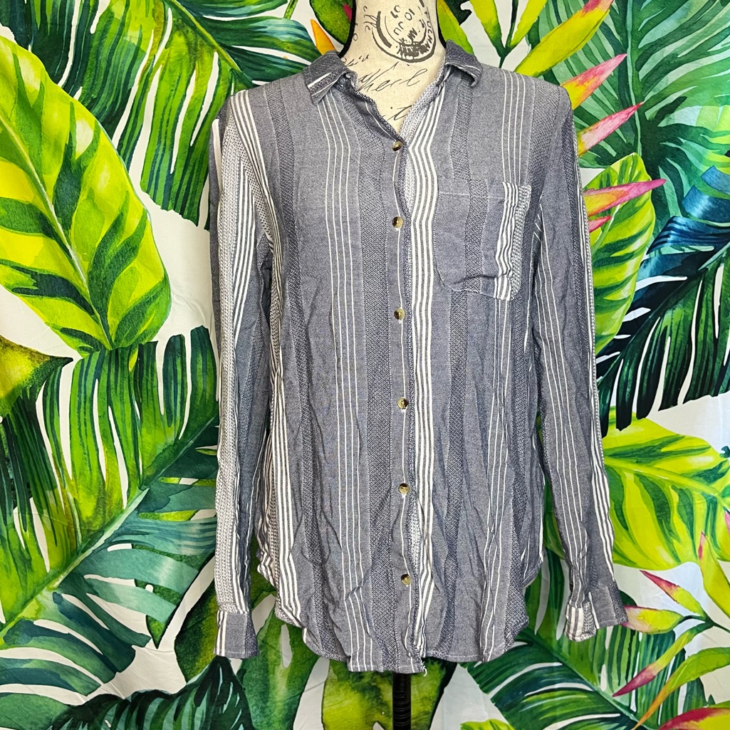 Anthro Maeve Small Steel Blue White Striped Casual Preppy Button Up Shirt